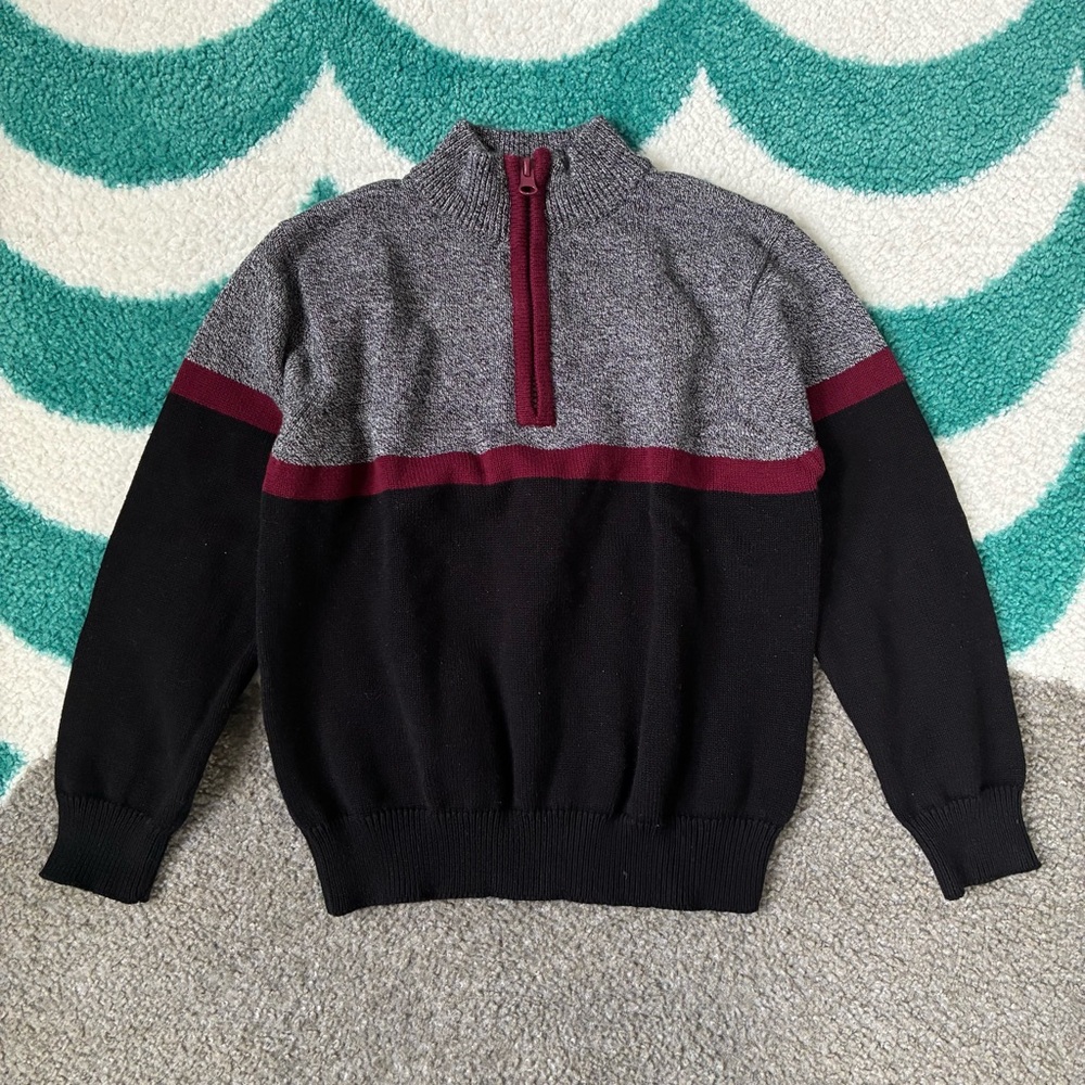 Andy & Evan Colorblocked Quarter -Zip Sweater (Black/Grey/Burgundy) Size 7